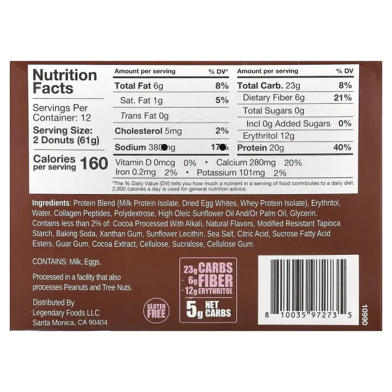 Legendary Foods, Protein Donuts, Chocolate Dipped, 12 Packs, 2.2 oz (61 g) EachLegendary Foods Протеиновые пончики