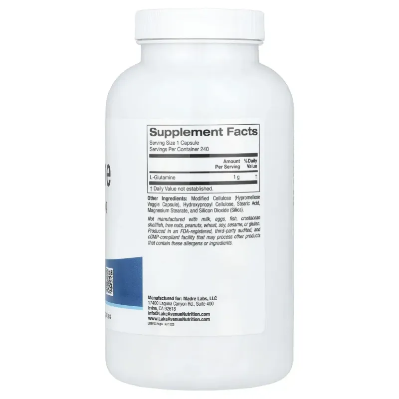 L-Глютамин, L-Glutamine, Lake Avenue Nutrition, 1000 мг, 240 вегетарианских капсул