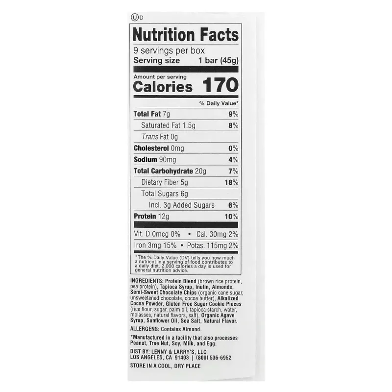 Lenny & Larry's, The Complete Cookie-Fied Bar, шоколадно-миндальная морская соль, 9 батончиков, 45 г (1,59 унции)