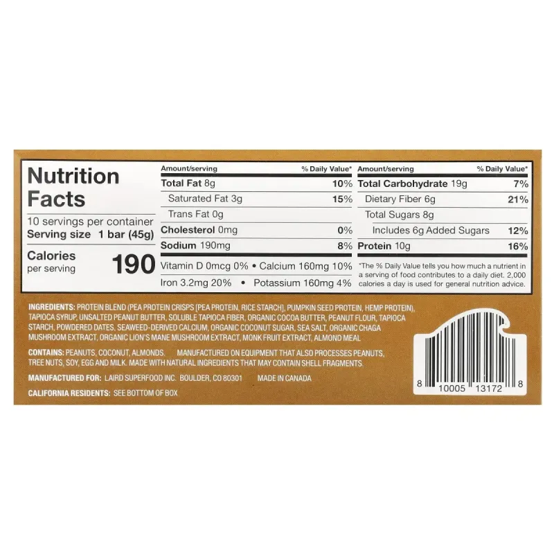 Laird Superfood, Protein Bar + Adaptogens, Peanut Butter, 10 Bars, 1.6 oz (45 g) Each