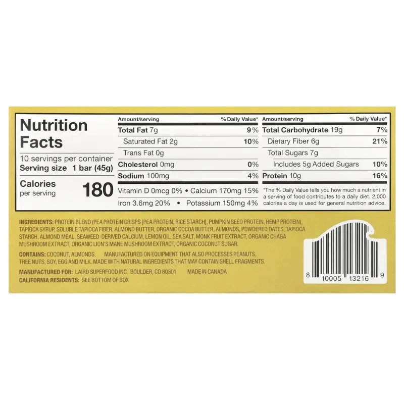 Laird Superfood, Protein Bar + Adaptogens, Lemon Almond, 10 Packs, 1.6 oz (45 g) Each