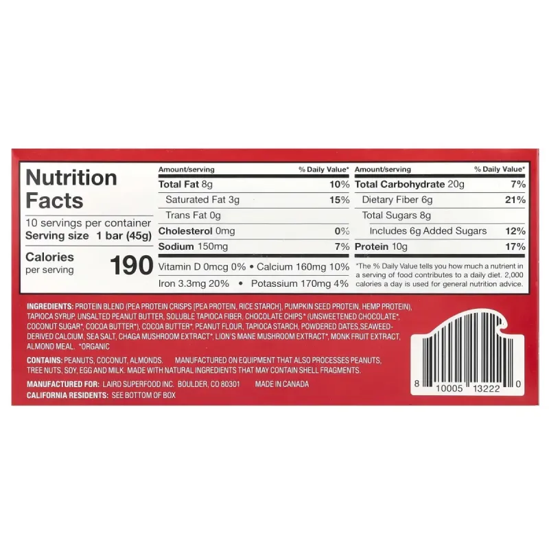 Laird Superfood, Protein Bar + Adaptogens, Peanut Butter Chocolate Chip, 10 Bars, 1.6 oz (45 g) Each