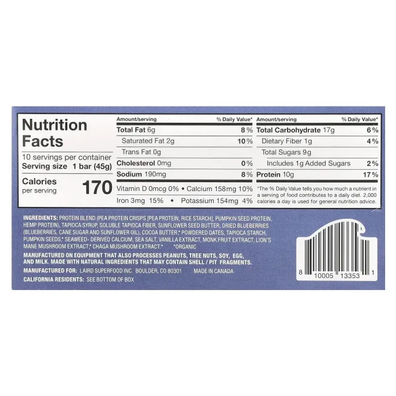 Laird Superfood, Protein Bar + Adaptogens, Blueberry + Sunflower Butter, 10 Bars, 1.6 oz (45 g) Each