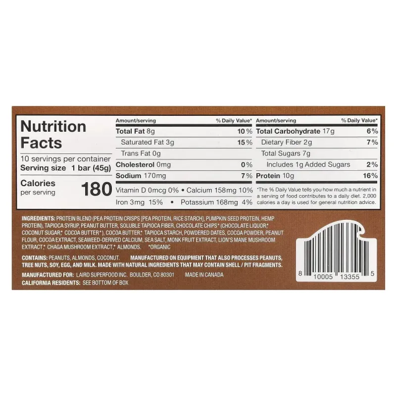 Laird Superfood, Superfood Protein Bar + Adaptogens, Double Chocolate Peanut Butter , 10 Bars, 1.6 oz (45 g) Each