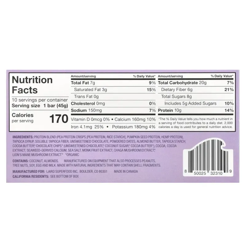 Laird Superfood, Superfood Protein Bar + Adaptogens, Dark Chocolate Sea Salt, 10 Bars, 1.6 oz (45 g) Each