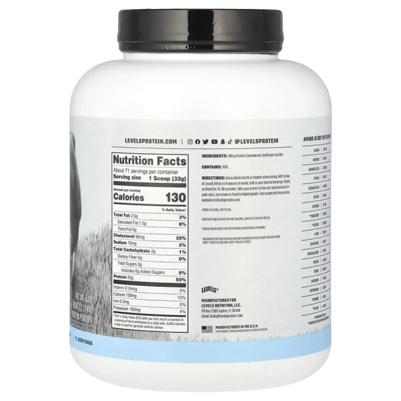 Levels, Grass Fed Whey Protein Powder, Unflavored, 5 lb (2.27 kg)