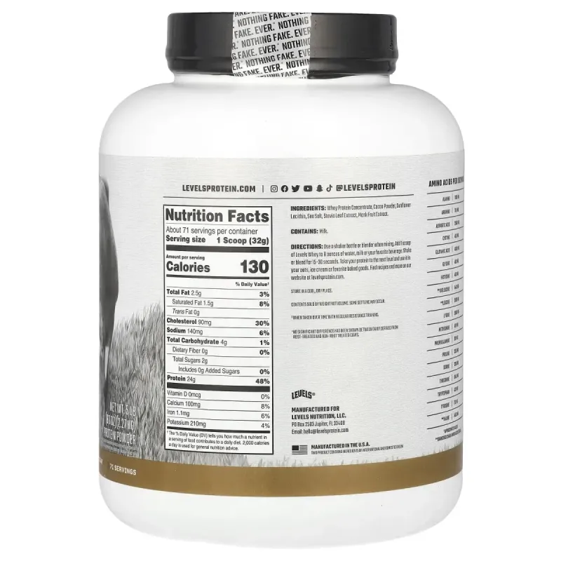 Levels, Grass Fed Whey Protein Powder, Double Chocolate, 5 lbs (2.27 kg)