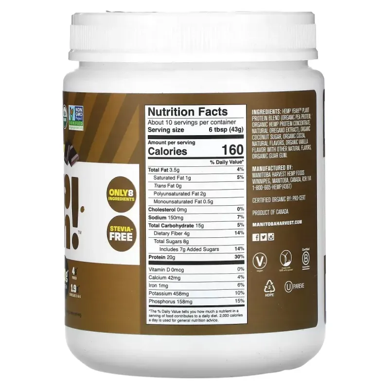 Органическая конопля Yeah !, смесь растительных белков, со вкусом шоколада, Manitoba Harvest, 454 г