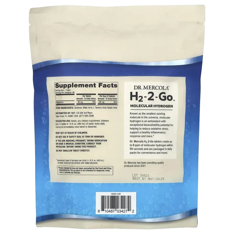 Dr. Mercola, H2-2-Go, молекулярний водень, 30 подвійних упаковок, 60 таблеток