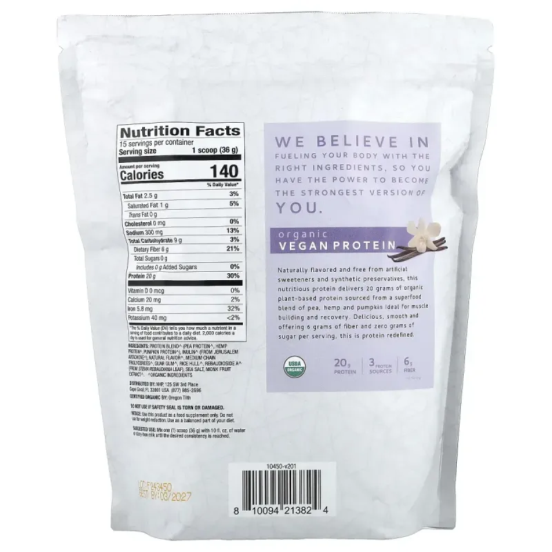 Dr. Mercola, Pure Power, органический веганский протеин, со вкусом ванили, 540 г (1 фунт 3 унции)