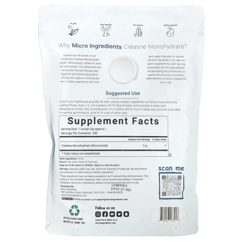 Micro Ingredients, Creatine Monohydrate Powder, Unflavored, 2.2 lb (1 kg)