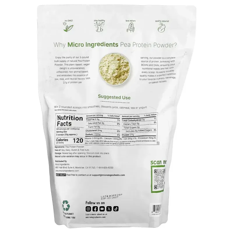 Micro Ingredients, Pea Protein Powder, Unflavored, 5 lb (2.26 kg)