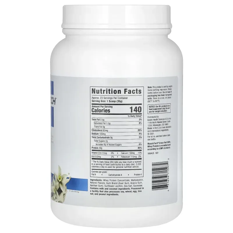 Muscletech, 100% сывороточный протеин травяного откорма, роскошная ваниль, 1,8 фунта (816 г)