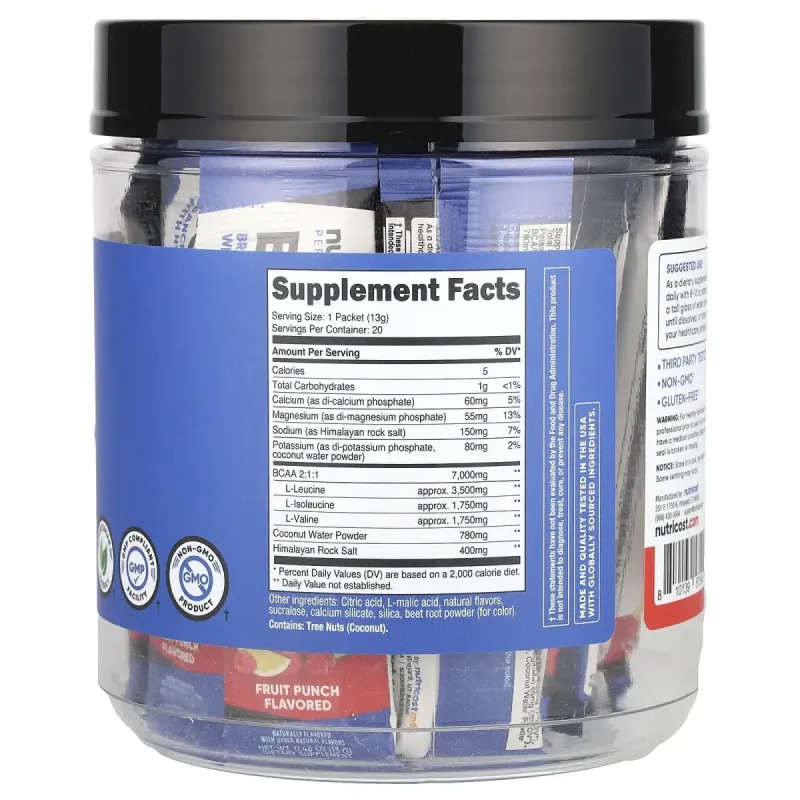 Nutricost, Performance, BCAA+, фруктовий пунш, 20 пакетиків по 13 г (0,5 унції)