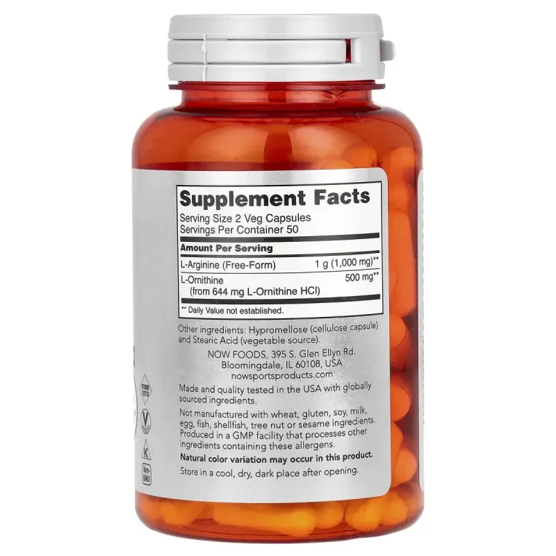 Аргінін і Орнітин Now Foods (Arginine & Ornithine Sports) 100 вегетаріанських капсул