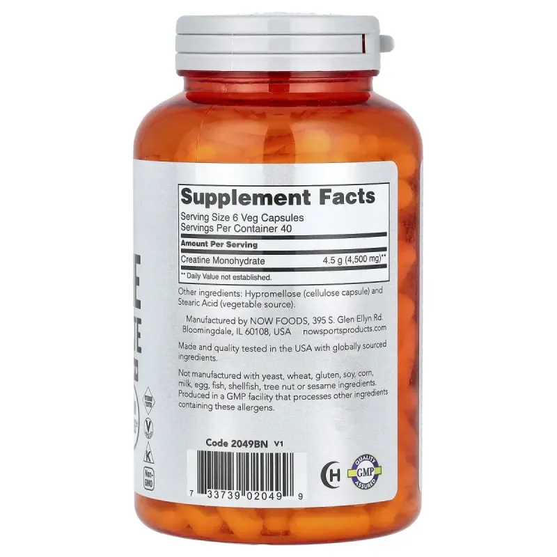NOW Foods, Sports, моногідрат креатину, 4500 мг, 240 вегетаріанських капсул (750 мг на 1 капсулу)