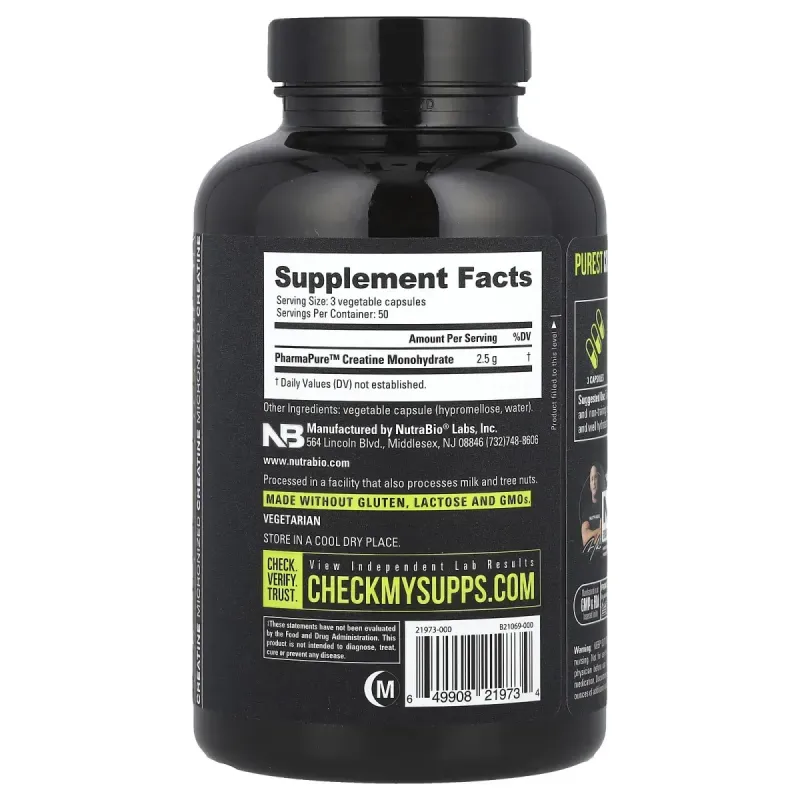 NutraBio, Performance, Micronized Creatine Monohydrate, 150 Capsules (833 mg per Capsule)