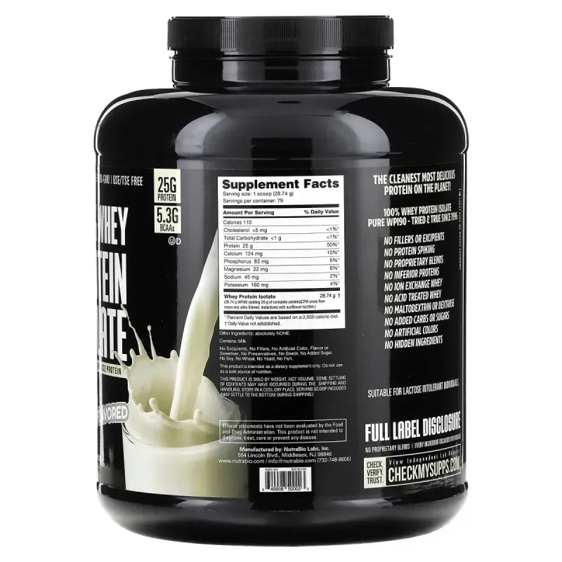 NutraBio, 100% Whey Protein Isolate, Raw Unflavored, 5 lb (2,268 g)
