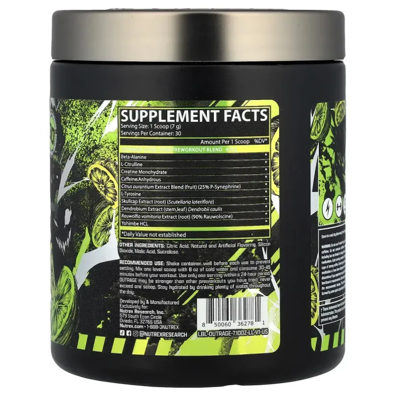 Nutrex Research, Outrage, Ultra Stim Pre Workout, Lemon Lime, 7.1 oz (201.18 g)Nutrex Research Outrage Ultra Stim передтренувальний комплекс