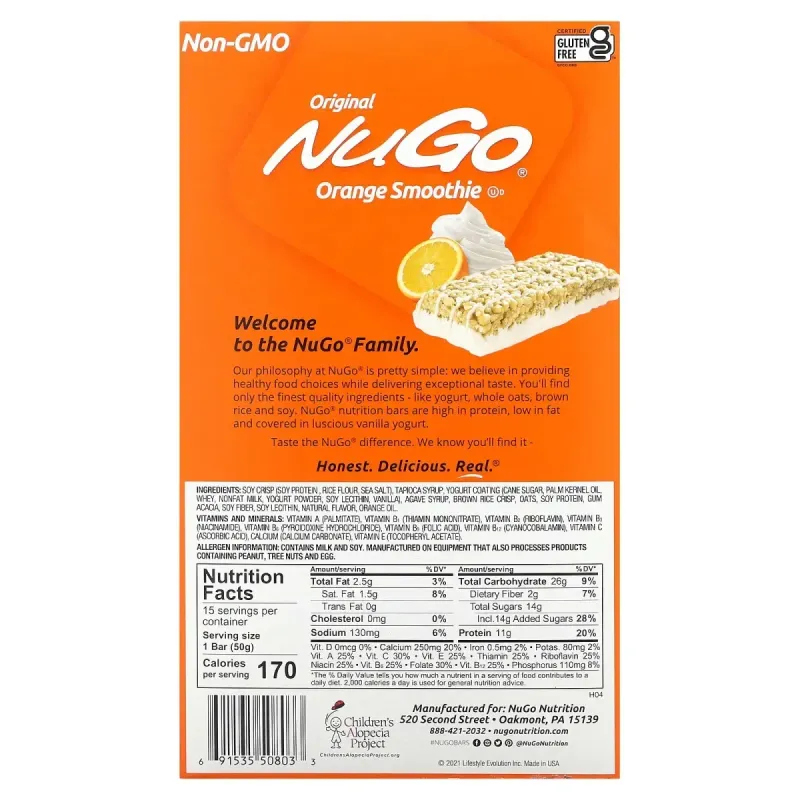 NuGo Nutrition, апельсинові смузі, 15 батончиків по 50 г (1,76 унції).