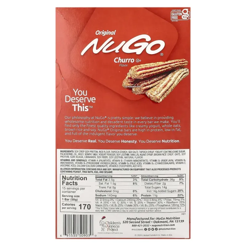 NuGo Nutrition, Original, протеїнові батончики, чуро, 15 батончиків, по 50 г (1,76 унції)