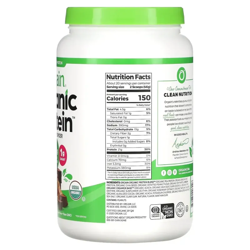 Органический протеиновый порошок на растительной основе, шоколадно-арахисовое масло, Orgain, 920 г