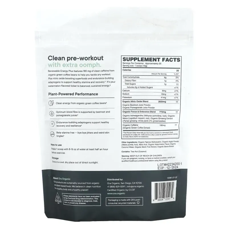 Ora, Renewable Energy Plus, засіб для підвищення ефективності перед тренуванням, кавун, 200 г (7,1 унції)