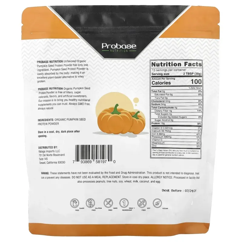Probase Nutrition, Organic Pumpkin Seed Protein Powder, Unflavored, 1 lb