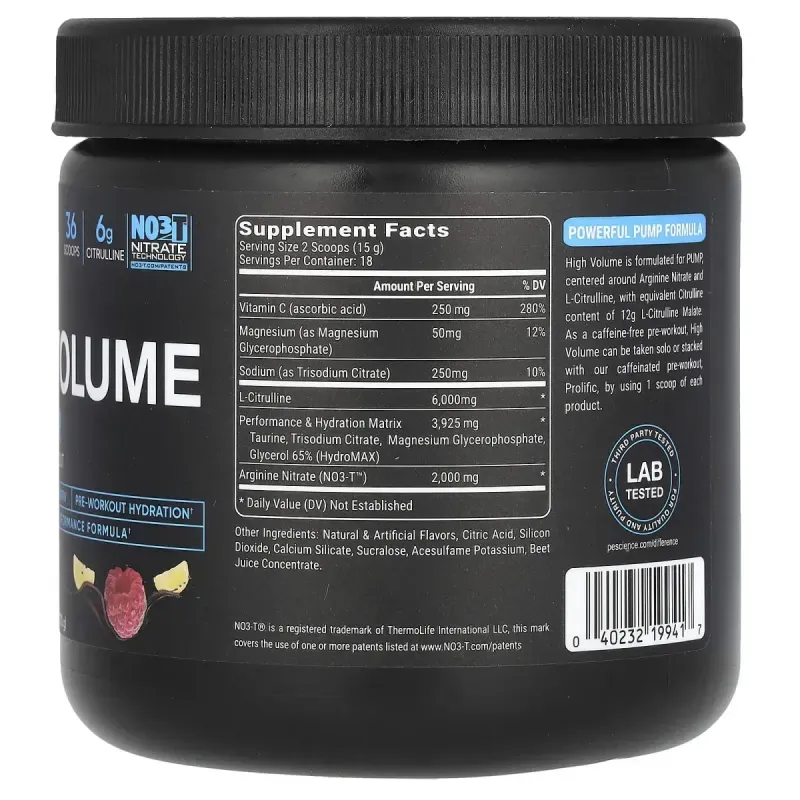 PEScience, High Volume, добавка з оксидом азоту, без кофеїну, малиновий лимонад, 252 г (8,9 унції)