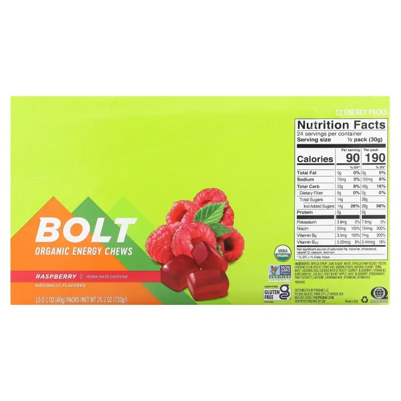 Болт органическая энергия жует, малина с кофеином, Bolt Organic Energy Chews, Raspberry with Caffeine, ProBar, 12 мешочков, 10 жевательных конфет (по 2,1 унции)