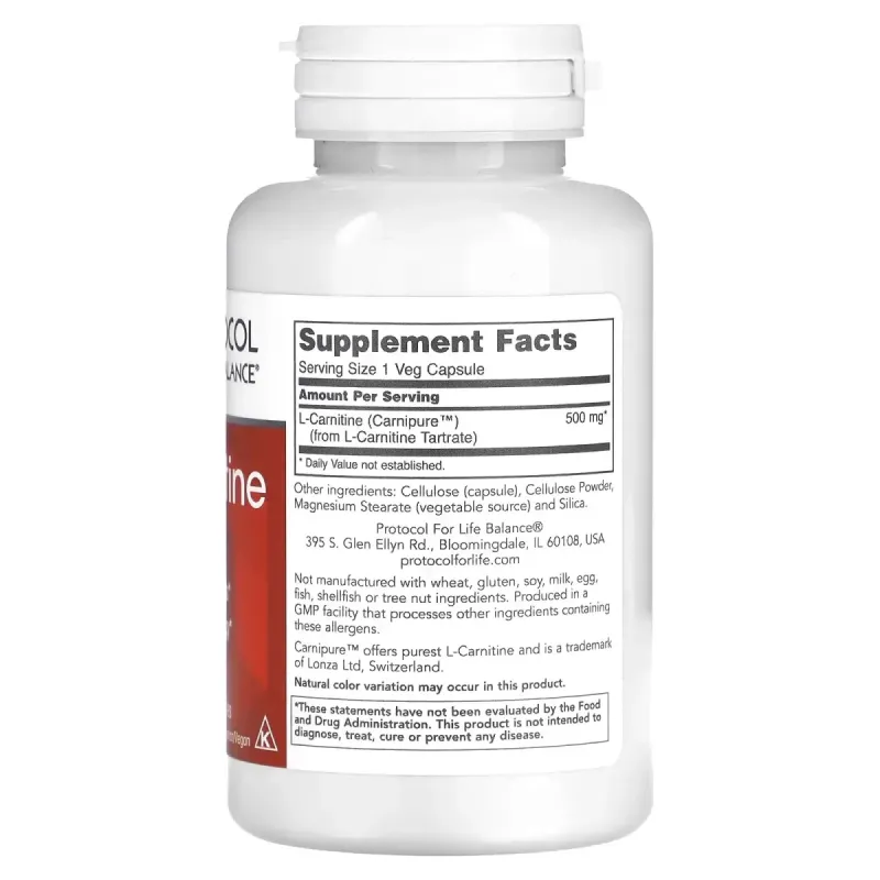 L-карнитин, Protocol for Life Balance, 500 мг, 60 растительных капсул