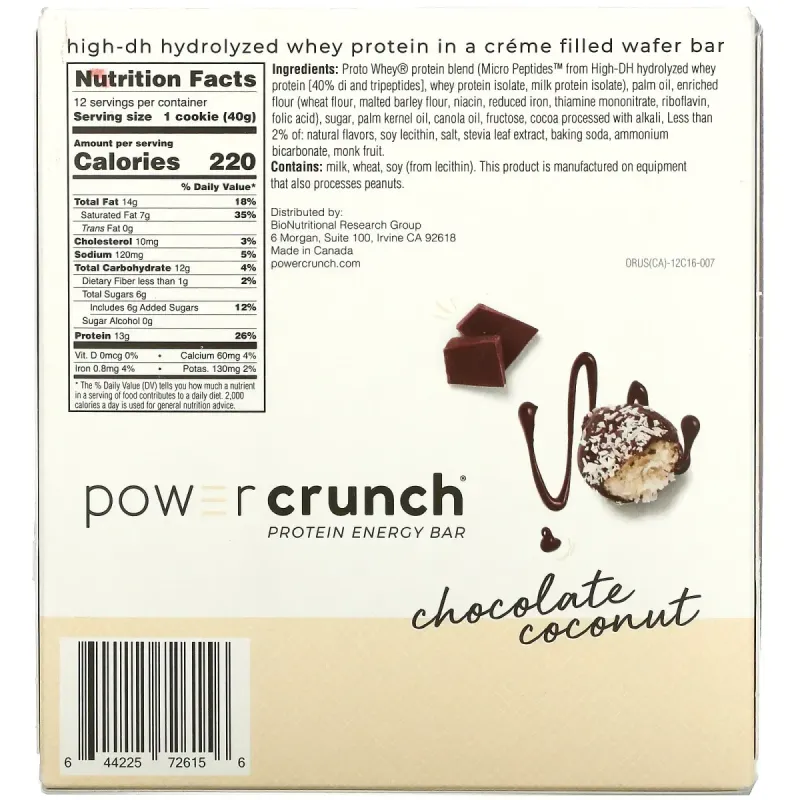 BNRG, Power Crunch Protein Energy Bar, шоколадно-кокосовый орех, 12 батончиков по 1,4 унции (40 г) каждый