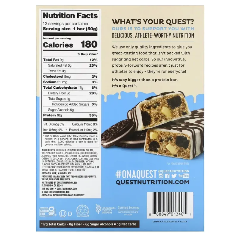 Quest Nutrition, Протеїнові батончики, печиво і вершки, 12 батончиків, 50 г (1,76 унції) кожен