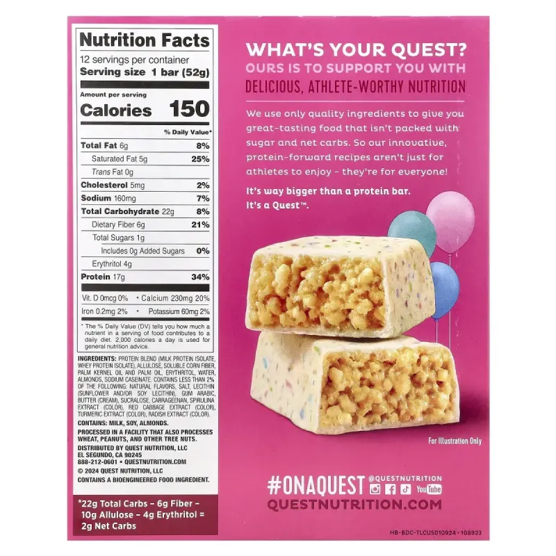 Quest Nutrition, Hero, протеїновий батончик, хрусткий, для торта до дня народження, 12 шт. по 52 г (1,83 унції)