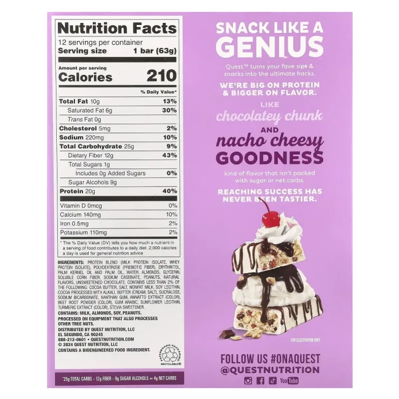 Quest Nutrition, Overload Protein Bar, Sundae Funday, 12 Bars, 2.22 oz (63 g) Each