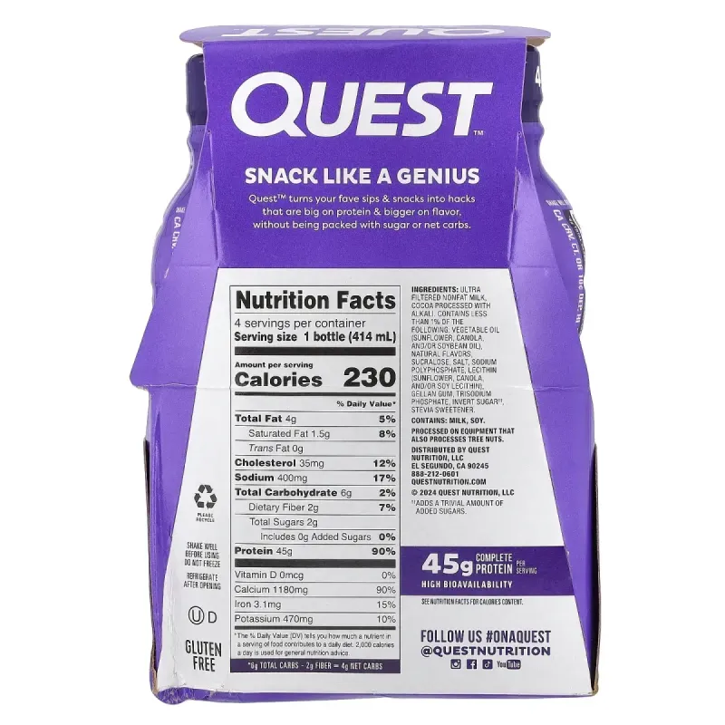 Quest Nutrition, Protein Milk Shake, Chocolate, 4 Bottles, 14 fl oz (414 ml) EachQuest Nutrition Протеиновый молочный коктейль