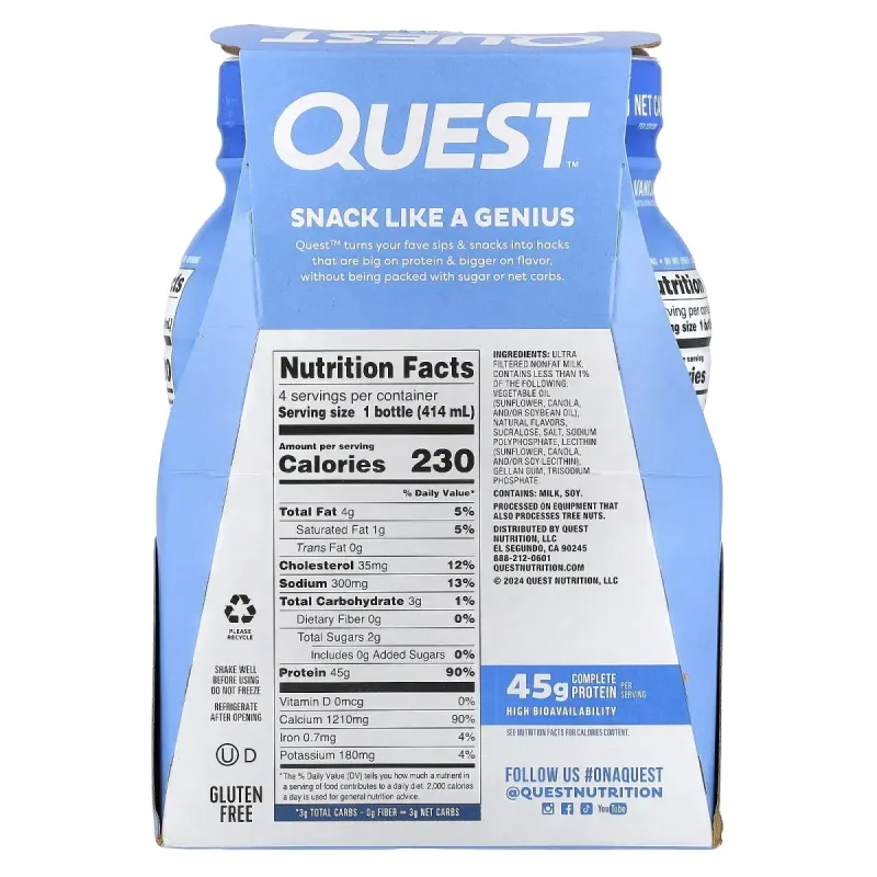 Quest Nutrition, Protein Milk Shake, Vanilla, 4 Bottles, 14 fl oz (414 ml) EachQuest Nutrition — протеиновый молочный коктейль