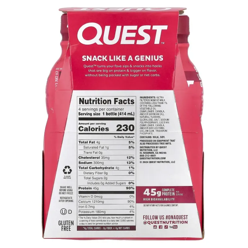 Quest Nutrition, Protein Milk Shake, Strawberry, 4 Bottles, 14 fl oz (414 ml) EachQuest Nutrition Протеиновый молочный коктейль