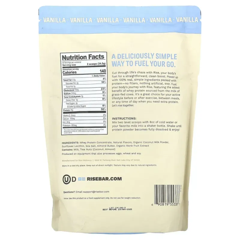 Rise Bar, Whey Protein Powder, Vanilla, 2.3 lb (1 kg)