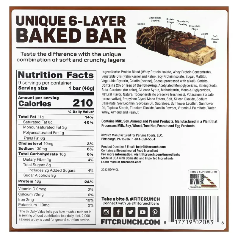 FITCRUNCH, запечений батончик із високим вмістом білка, печиво із шоколадними крихтами, 9 батончиків по 46 г (1,62 унції)