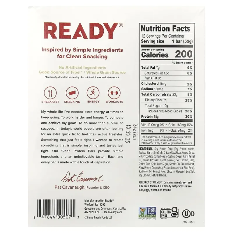 Ready, Clean Protein Bar, шоколад із арахісовою пастою, 12 батончиків по 52 г (1,83 унції)