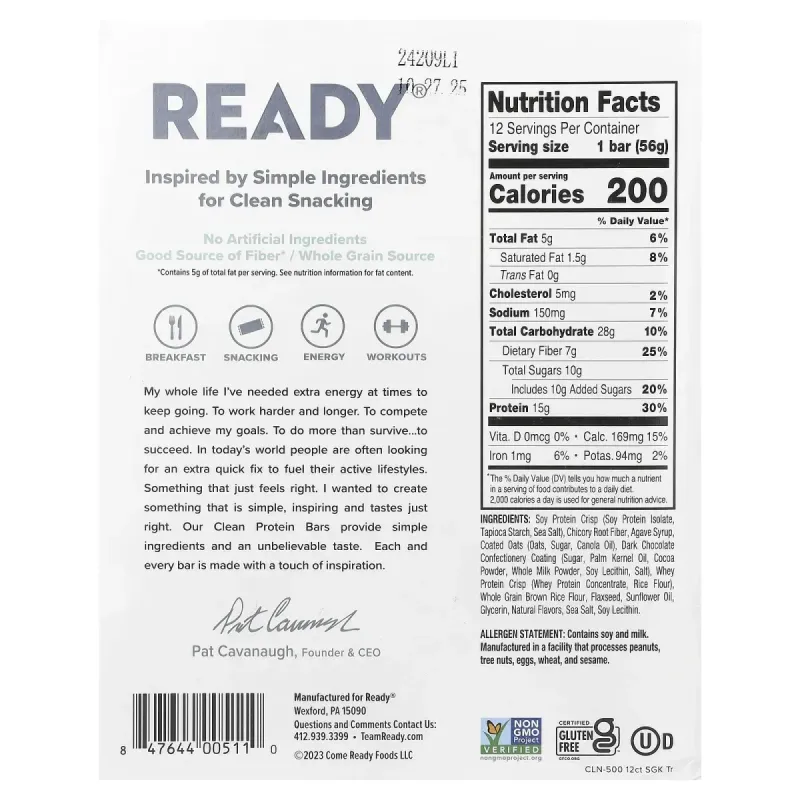 Ready, Clean Protein Bar, чорний шоколад із морською сіллю, 12 батончиків по 56 г (1,98 унції)