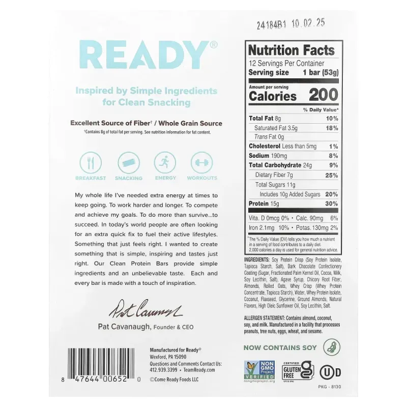 Ready, Clean Protein Bar, чорний шоколад, кокос і мигдаль, 12 батончиків по 53 г (1,87 унції)