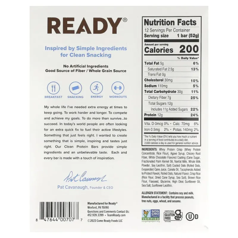 Ready, чистий протеїновий батончик, Vanilla Swirl, 12 батончиків по 52 г (1,83 унції)