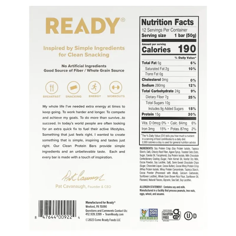 Ready, чистий протеїновий батончик, з шоколадними крихтами, 12 шт. по 50 г (1,76 унції)