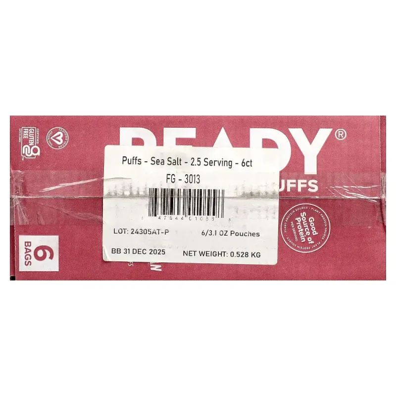 Ready, Protein Puffs, Pink Himalayan Sea Salt, 6 Bags, 3.1 oz (88 g) EachReady хрусткі протеїнові кульки