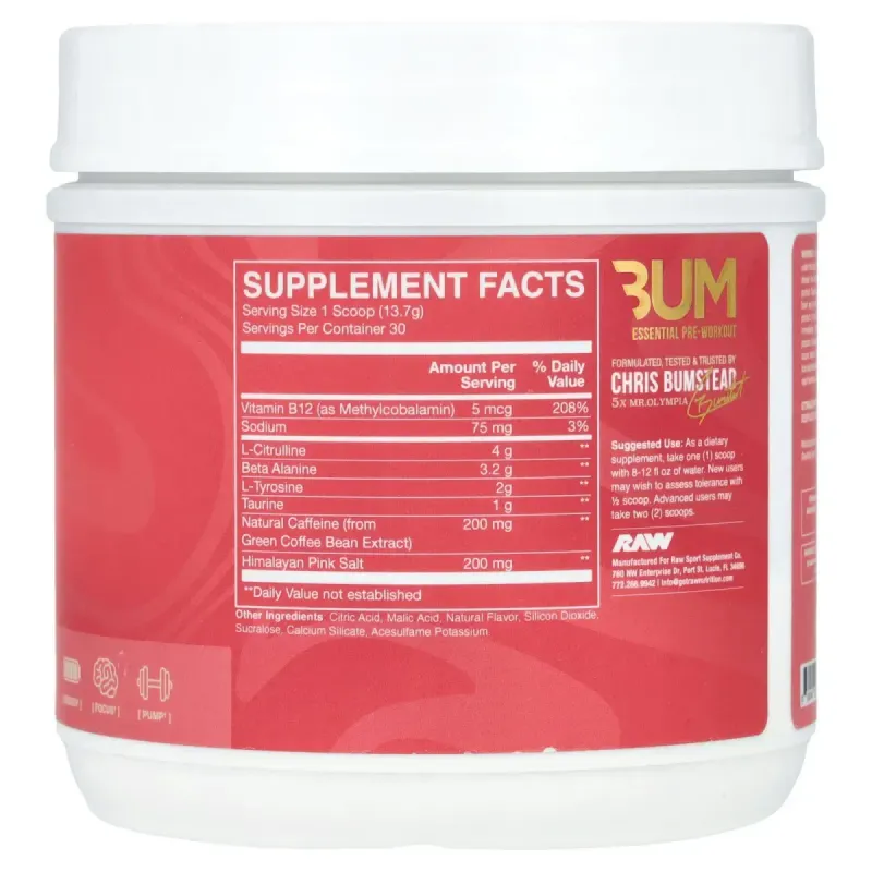 Raw Nutrition, Bum Essentials, Essential Pre-Workout, Citrus Grapefruit , 14.49 oz (411 g)