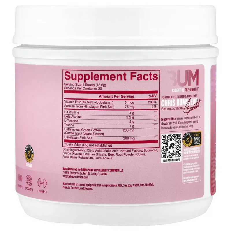 Raw Nutrition, Bum Essentials, предтренировочный комплекс, со вкусом малины и кремовой пасты, 408 г (14,39 унции)