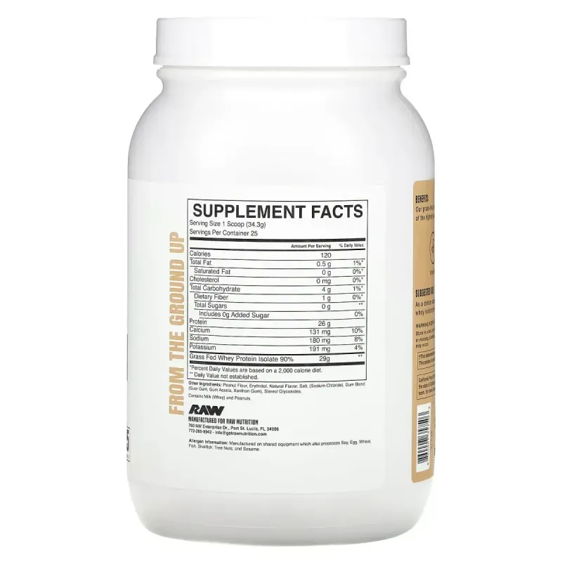 Raw Nutrition, Grass Fed Whey Isolate Protein, Peanut Butter, 1.89 lb (857.5 g)
