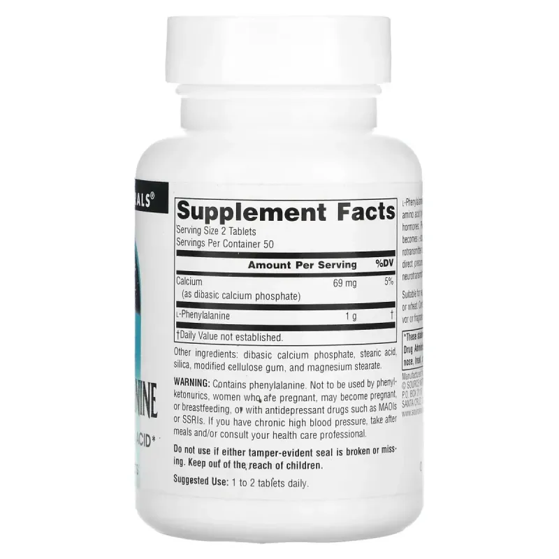 L-фенилаланин, L-Phenylalanine, Source Naturals, 500 мг, 100 таблеток